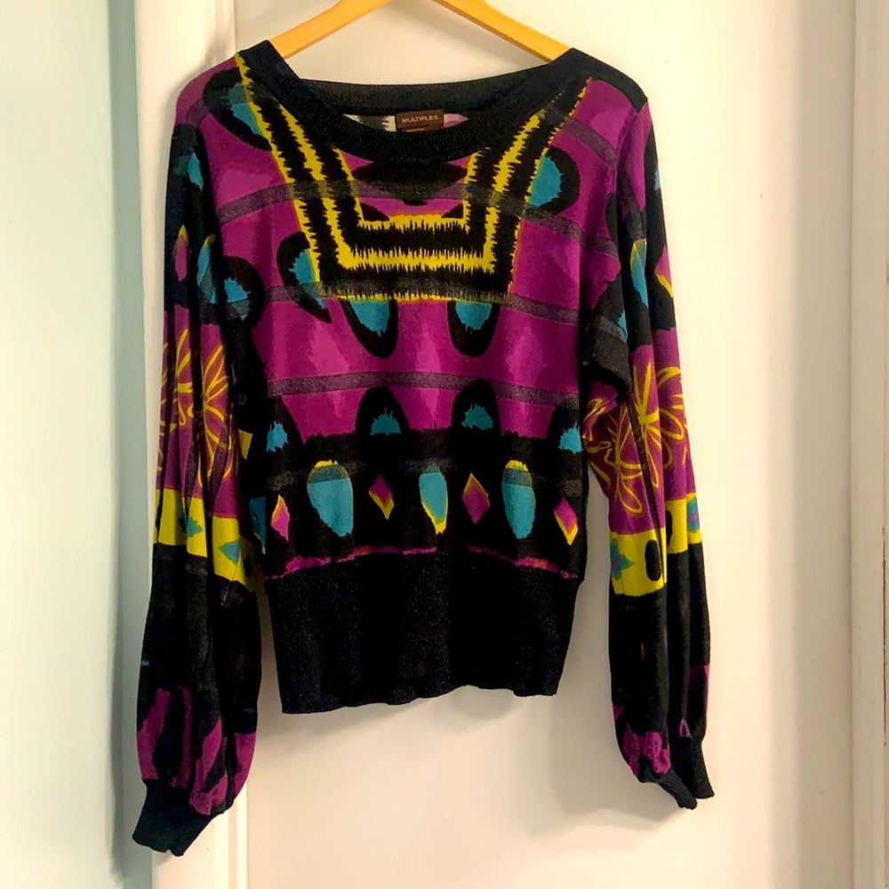 Multiples Sweater Purple Yellow Black Abstract Print Blouson Sleeves Size Small